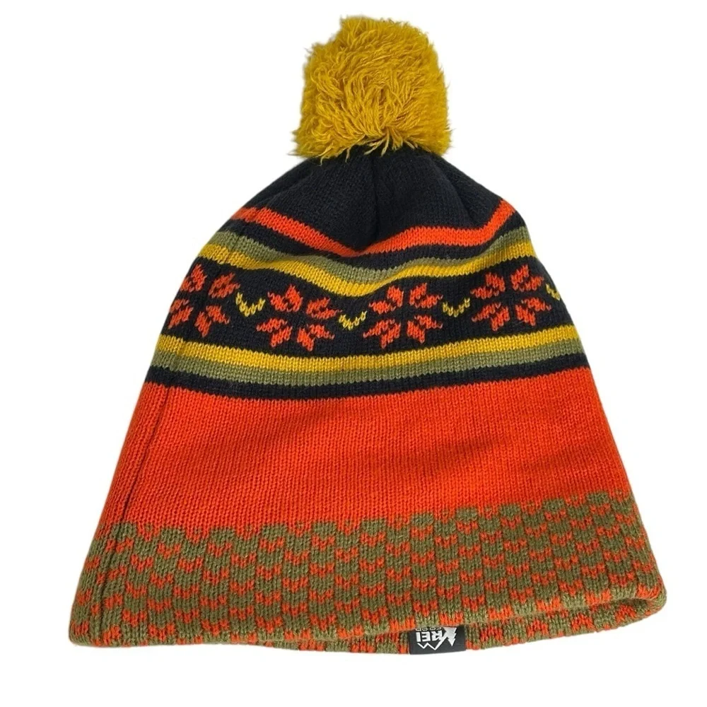REI Co Op Kids L XL Fair Isle Poof Beanie Hat Orange Green Winter